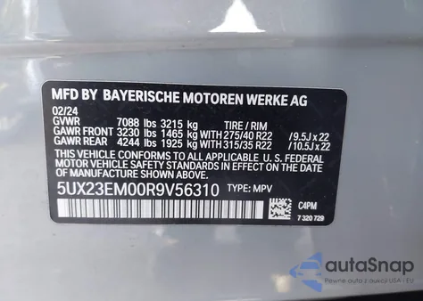 2024 BMW X7 xDrive40I z USA, uszkodzony, nr VIN 5UX23EM00R9V56310